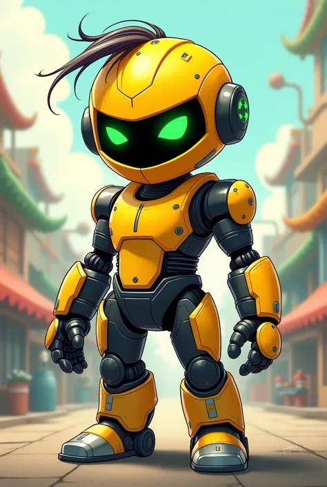 a ninja robot with bright yellow armor and helmet, strands of hair on the back of its head, black arms and legs, yellow chestplate, green eyes and metallic boots in disney style 