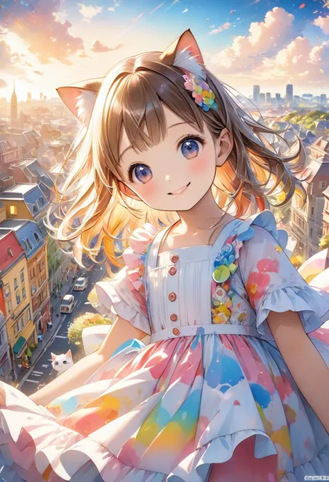 Smiling girl、Pokémon_The card 、( best quality)、(high_quality)、(Convoluted_Details)、( super detailed)、(Illustration)、(Distinct_image)、saito_naoki、Cityscape、 rainbow view、Cat and(cute cat 1 .5))