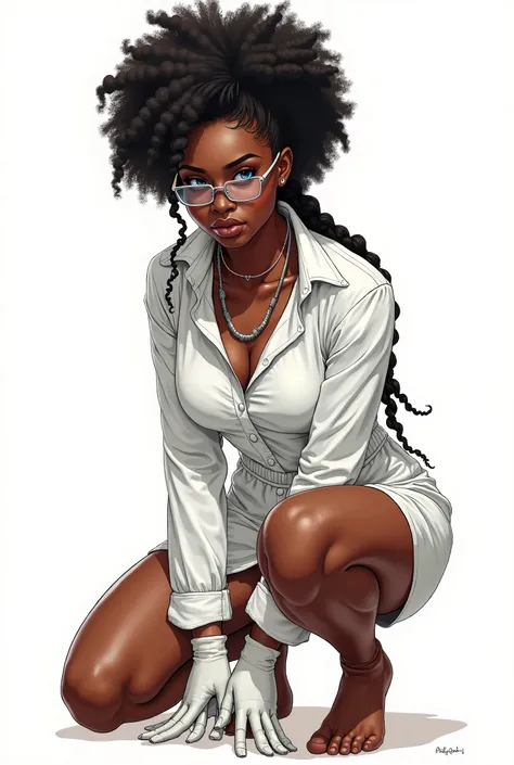 a dark-skinned woman she is crouched , is using,  her wearing clear glasses ,  long white silk shirt with white button , transparent wet ,  with blue eyes,  wearing white gloves , ela is using uma mulher negra de 7 metros de altura musculoso é enorme vest