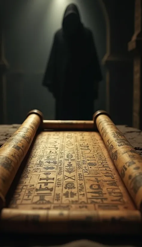 A dramatic close-up of an ancient Egyptian scroll depicting mysterious hieroglyphs about his death, with an ominous figure in the shadows.