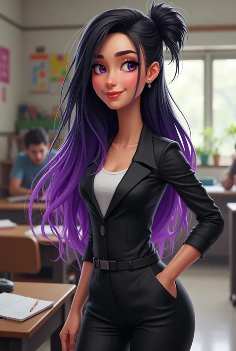  Young teacher with long black and purple hair at the tips, Slap up and her name is Natalia 