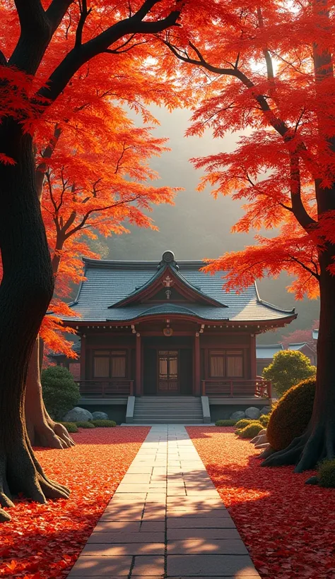 
A tranquil autumn scene in Japan,  Daikozenji Temple in Fukuoka , traditional wooden architecture surrounded by vibrant red maple trees, golden fallen leaves covering the ground, soft warm light filtering through the branches, peaceful and atmospheric, hi...