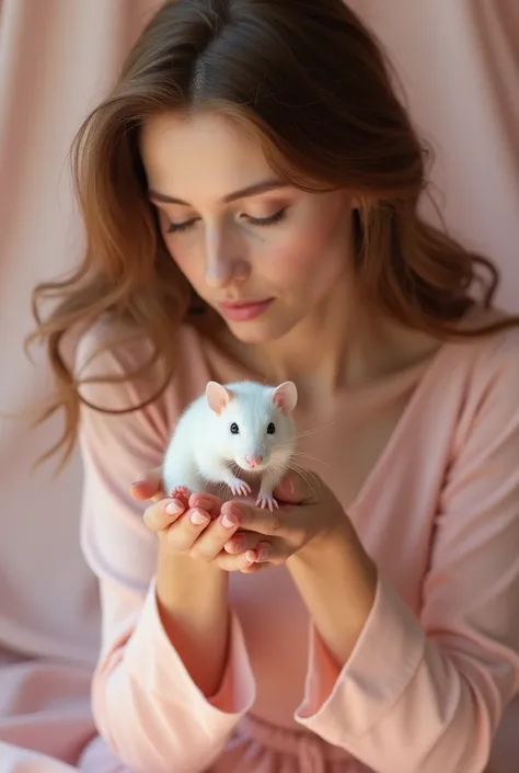 Sesja zdjęciowa kobiety o delikatnej Europejskiej urodzie
 z brązowymi włosami urodzie ubranej na jasno różowo, holding a little white rat in her hands , on a light pink background, in the room