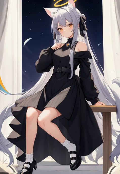 (masterpiece,  best size ),  1girl, {cocoons_bluearchive:1.15},  long hair,  orange eyes ,  grey hair, bang,  colorful hair, striped hair , animal ears, halo, black dress, Striped dress, vertical-Striped dress,  pelvic curtain , white skirt, black jacket, ...