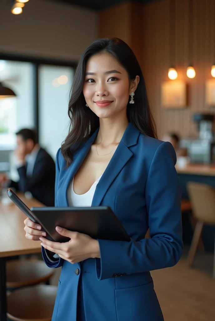 Stylish Asian businesswoman standing with a tablet in a Starbucks store, wearing a blue suit, combining hair, long black hair, wearing earrings, standing tall, minimalist modern aesthetic, ultra-detailed texture, 8K resolution
a
