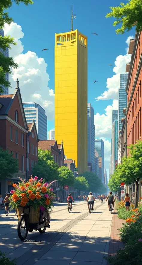 Add more buildings  like this and 2 sides of this yellow building. Add more tree. A cycle infront of the building with flowers on