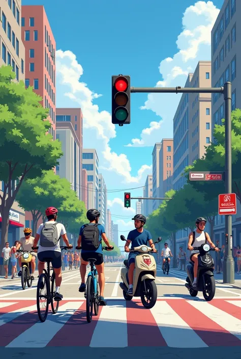 Draw me pictures 
1 intersection with 1 traffic light pole , few signage
Pedestrian lane
Two cyclists stopped waiting for a red light
2 people riding electric mopeds,  wearing a safety helmet
In the lane there are several pedestrians
In the commune there a...