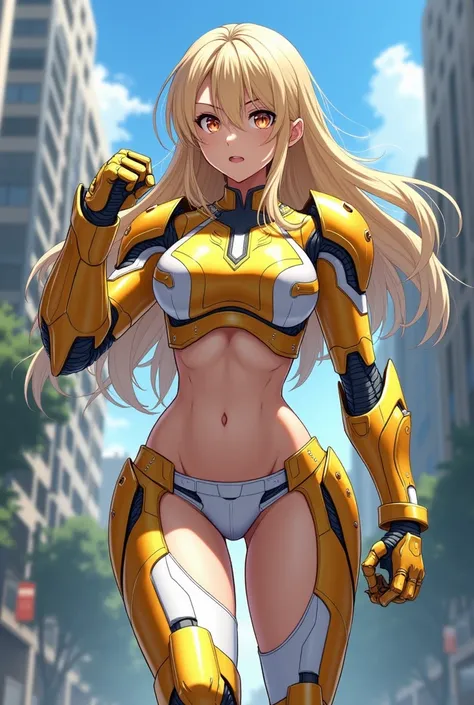 Anime girl, female, young female ,Full Body Shot,(fighting pose:1.3),Long hair, Yellow Hair,  Blown Eyes,Gold Iron man Armour with white details, Full body Suits perfect anatomy,  Enhanced Abs,super detailed,(Buildings:1.2）