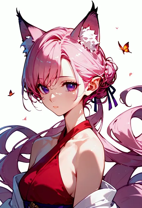 (masterpiece) (detailed) score_9,score_8_up,score_7_up,),score_9,score_8_up,score_7_up, in house, 1Girl, bust up, Pink hair, purple eyes, kitsune tail, kitsune ears, small bust, White yukata dress with red skirt, bare shoulders