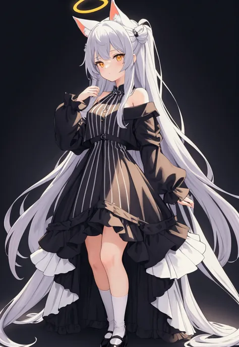 (masterpiece,  best size ),  1girl, {cocoons_bluearchive:1.15},  long hair,  orange eyes ,  grey hair, bang,  colorful hair, striped hair , animal ears, halo, black dress, Striped dress, vertical-Striped dress,  pelvic curtain , white skirt, black jacket, ...