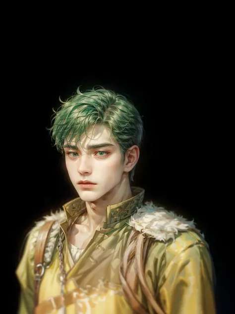 (absurdres, highres, ultra detailed, HDR), masterpiece, perfect face, detailed face, intricate details, extremely detailed character profile, best quality close-up picture, fire emblem character, rpg, peasants outfit, shaved beared, green hair, rugged, kpo...