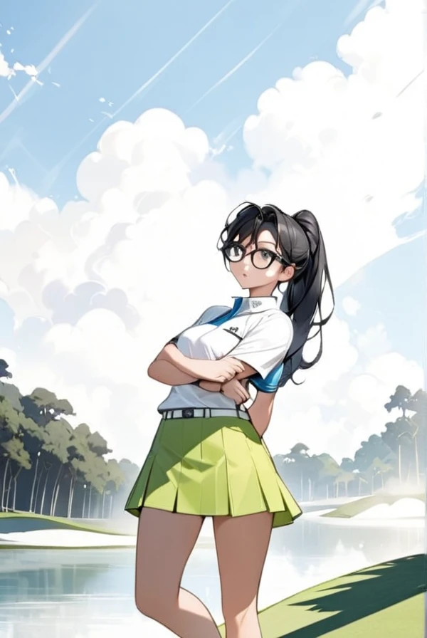 Black hair, ponytail, glasses, golf wear, golf