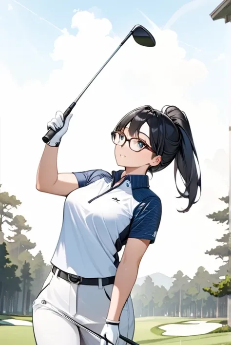 Black hair, ponytail, glasses, golf wear, golf