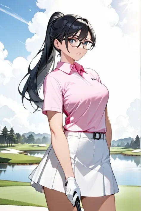 Black hair, ponytail, glasses, golf wear, golf