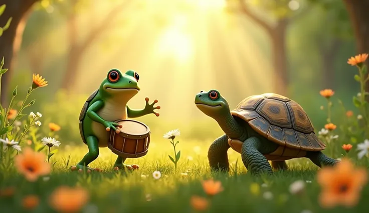 In a sunny meadow   
Froggy jumps in, with a beat on a drum,  
“Ribbit, ribbit, let’s have some fun!”  
Turtle moves slow, but he sways side to side,  
“Don’t rush my friends, let’s enjoy the ride!”