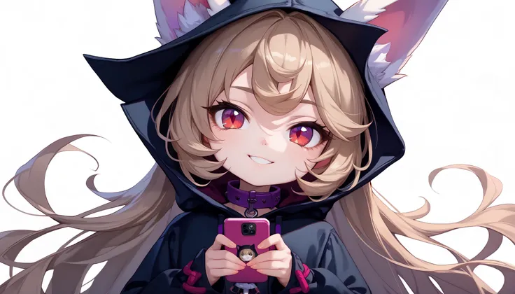 (masterpiece:1.3), (best quality:1.3), (very detailed), (anime style:0.1), game cg, anime coloring,((simple white background)),VexLoLXL,big eyes,yordle,shortstack,red eyes,((light brown hair,bangs,long hair)),shiny_skin,white_skin,white skin,black hood,hoo...