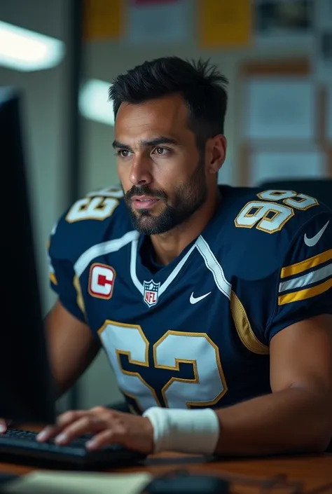 man watch computer with football suit