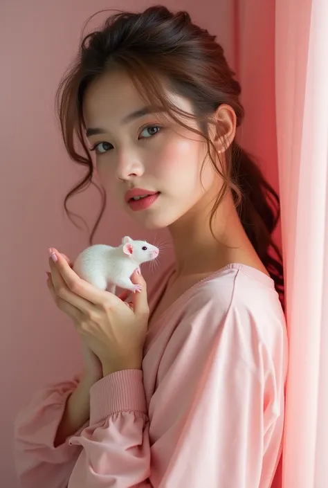 Sesja zdjęciowa kobiety o delikatnej Europejskiej urodzie , from the side
 brown-haired beauty dressed in light pink, holding a little white rat in her hands , on a light pink background, in the room