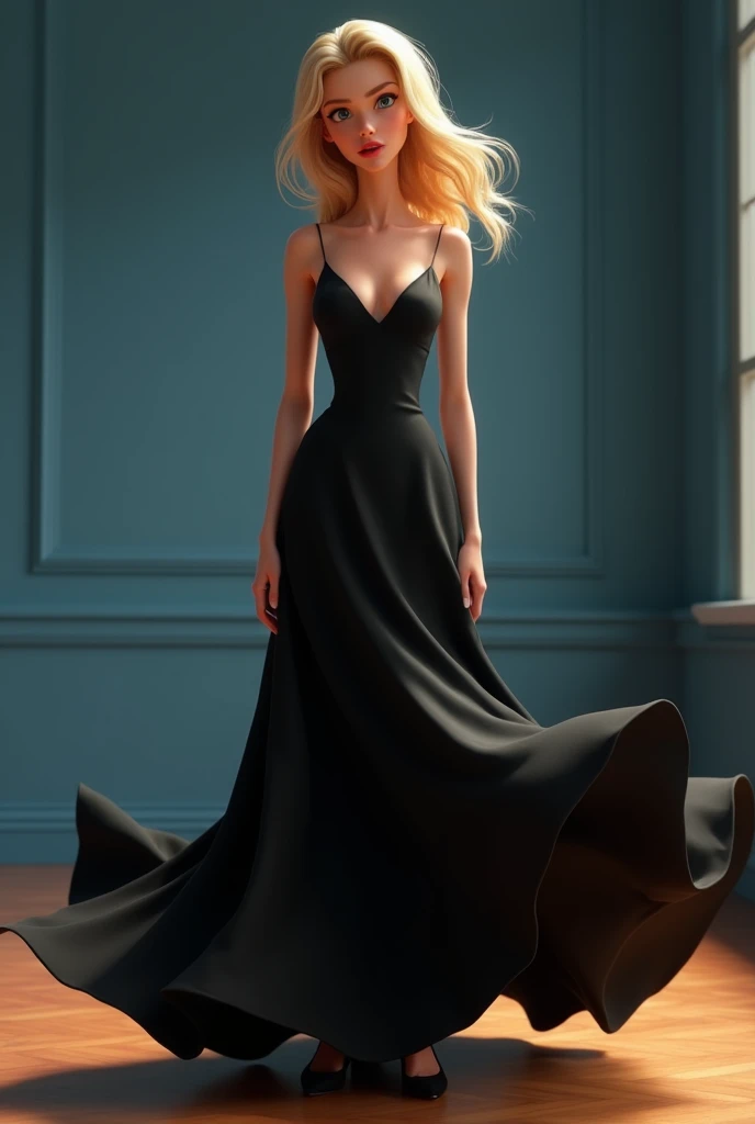 It shows a woman in a long, flowing black dress that is flowing in the wind. And woman have yellow hair.She is standing in a room with blue walls and a wooden floor. The woman has blonde hair that is styled in loose waves and is looking directly at the cam...