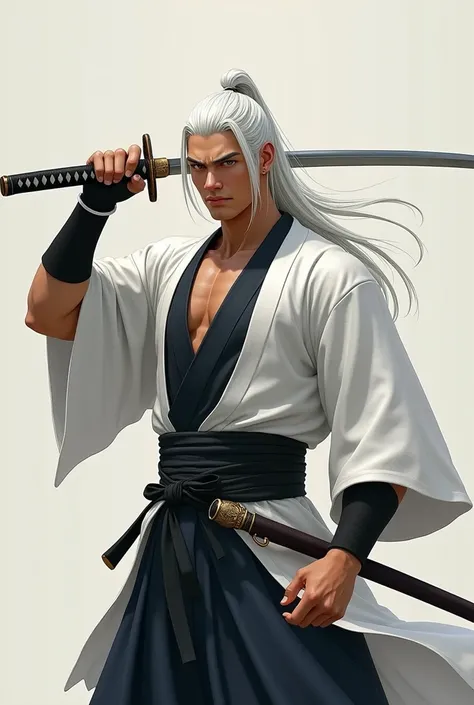 Japanese male Knight,masculine, athletic body wear pure White traditional japan men kimono and black inner shirt, Straight white long hair, slashing samurai sword