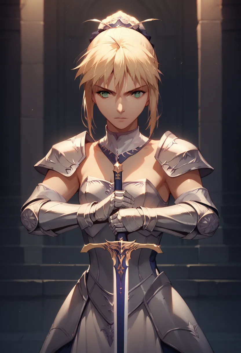 best quality,   masterpiece ,hussaber, phaltoria,  1 girl, alone, armor, arms, sword, shine sword, shine arms,  french blade , a...