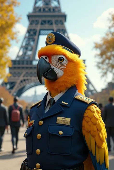 A female parrot , blonde,  who is a police delegate in Paris at the Eiffel Tower.