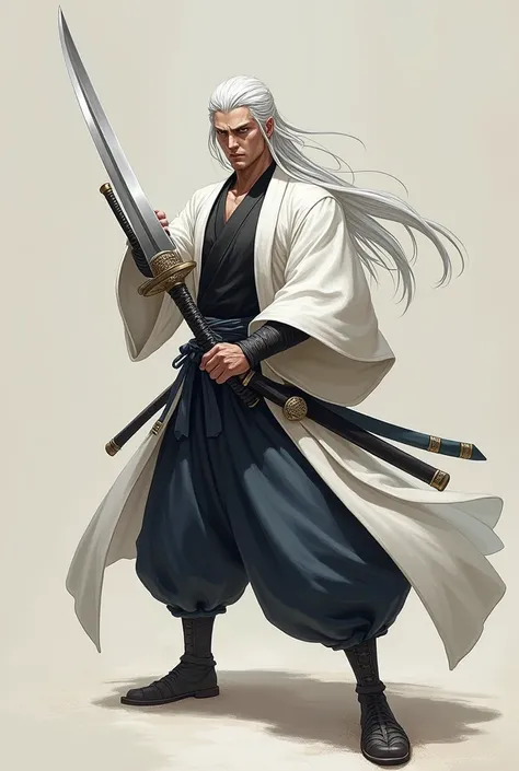 Japanese male Knight,masculine, athletic body wear pure White traditional japan men kimono and black inner shirt, Straight white long hair, slashing samurai sword