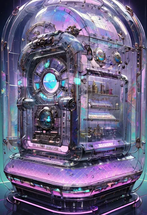 A jukebox arranged in a futuristic style while still retaining a retro feel, with a beautiful transparent body, bold decorations, precision mechanical parts in full view, and an ultra-detailed, beautiful background, masterpiece, best quality, very aestheti...