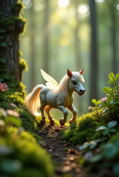 the smallest enchanted forest ever with a little fairy and a little pony, tilt shift, analog photo, faded, low contrast