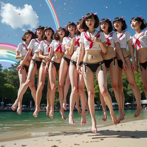 Haunting Live-Action, Extremely Detailed KAWAII JK Diving from Glico Running Man at Doutonbori, Sparkling, LifeLike Rendering, MotionBlur, (XLabs F.1 Realism LoRA V1), White Sailor Uniform with Thongs, Red Ribbon Ponytail hair fluttering in the wind, Profe...