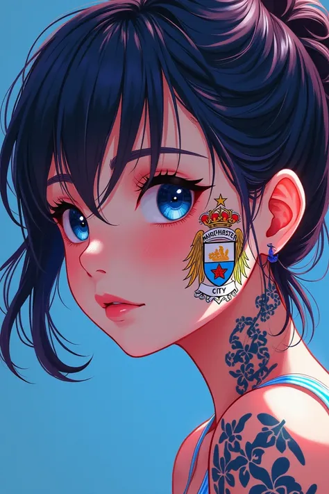 A anime girl character with Manchester city tatto in her face