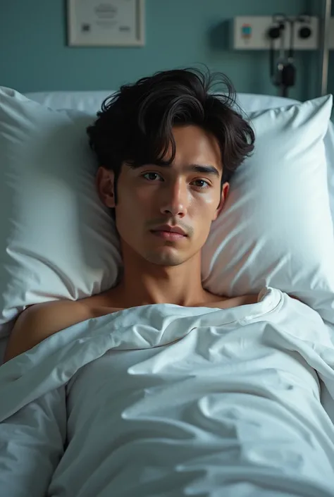 A young cinnamon-skinned dark-haired man in a hospital bed 