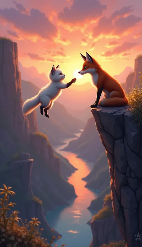 A small white  kitten dangling from the edge of a rocky cliff at sunset, reaching for a clever fox offering its paw. The sky is painted in hues of orange and purple, with rolling hills and a calm river below."
