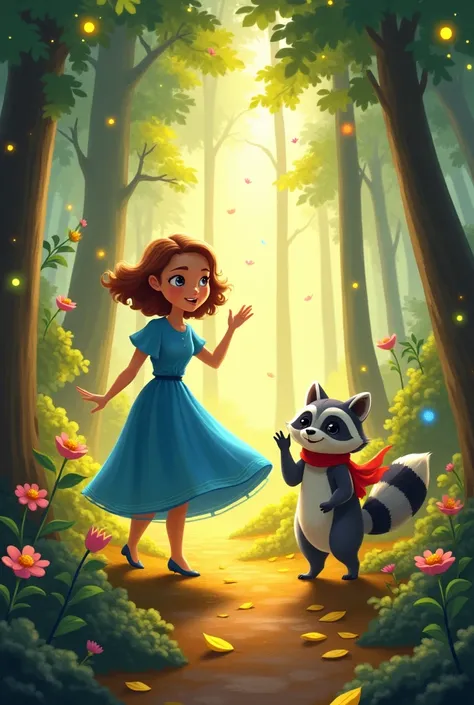 "clara,  wearing the same blue dress ,  is entering the Enchanted Forest ,  surrounded by tall trees that shine with golden lights .  Colourful flowers with smiling faces and small magical insects with flying wings Around.  A friendly raccoon , called Rino...