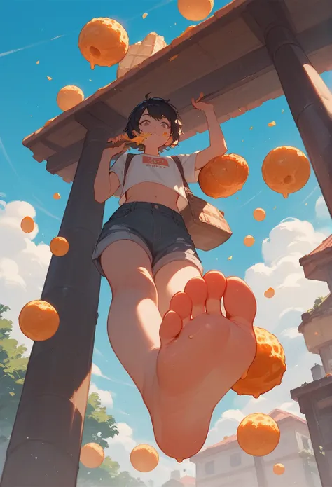 a girl, crushing food, feet close up, from below, low angle