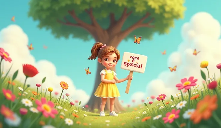 A light brown-haired girl , tied in a ponytail with a pink ribbon , is standing in a flowery garden . She wears a light yellow dress and little white shoes . with a calm smile, Hold a sign that says "Você é especial". Behind her, a pastel blue sky with flu...