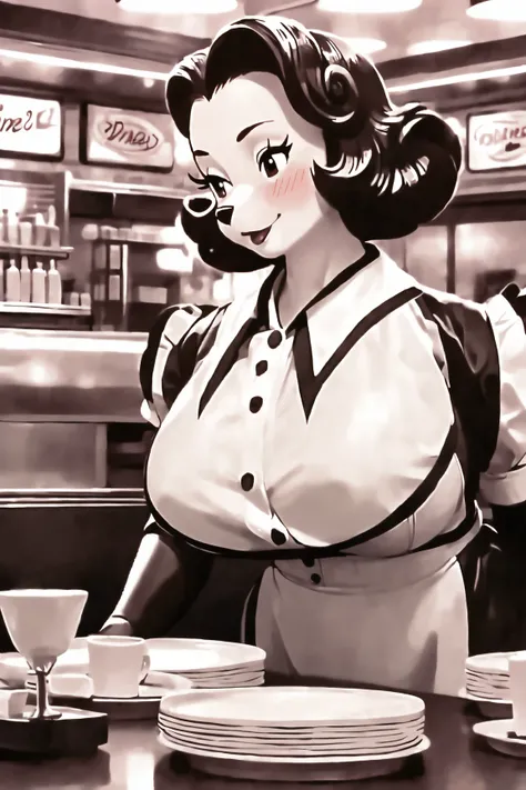 Alone, mature age 、adult、Forehead、fox、 big breasts、 big butt、retro waitress、Diner、blush、Carrying food、