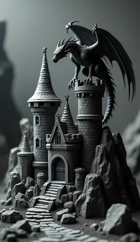 Small and beautiful castle whit dragón, print 3d, stone, rocks, toy, monocromatic dark