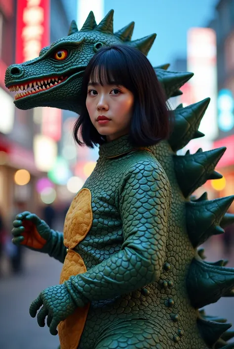 A 22-year-old Japanese woman wearing a monster Godzilla costume,Bob cut hairstyle,