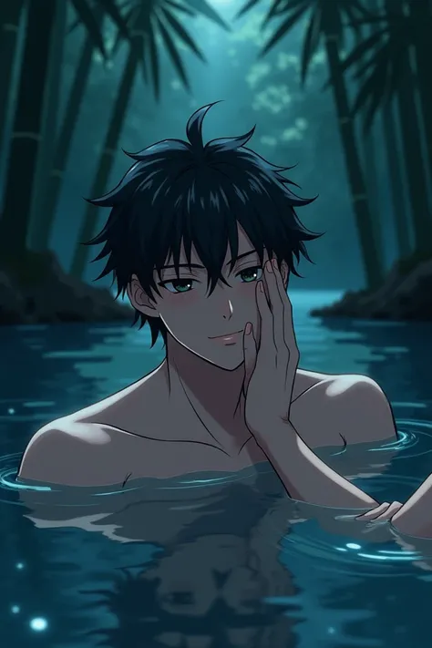  Create an image of a male character , antique , anime style.  Male character 1 taking a dip in a lake in a bamboo forest, at night .  There is another male characters hand  ( just draw hands )  touching the cheek of a male character 1 .