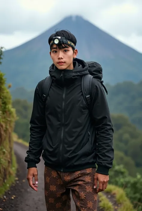 Real human. Photo, bodynfacung forward, Aziz is Indonesian young man, short straight black hair, white skin, black expressive eyes, medium body, wearing zipped up  black jacket, brown batik motive  pant,, , lighting head lamp on his head, carrying black ba...