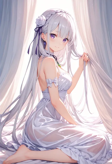 anime girl  with big breasts anime, ani, 1girl, emilia (re:zero), long hair, breasts, solo,  hair ornament, purple eyes, hair flower, bangs, looking at viewer, barefoot, flower, smile, hair ribbon, sitting, medium breasts, ribbon,  curtains, white hair, st...