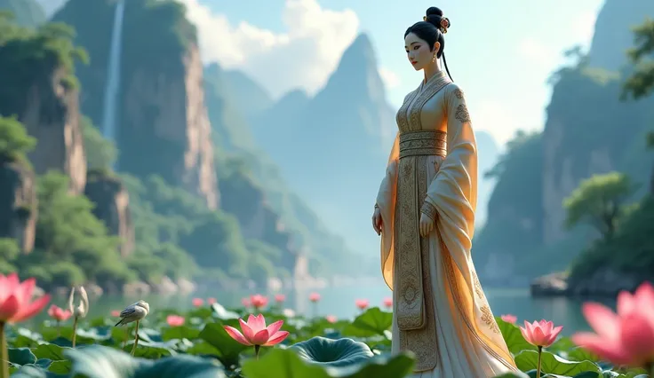 A plastic model of a Chinese woman in traditional costume stands tall near a pond adorned with lotus flowers. The tall mountains and powerful waterfalls in the background create a stunning view, with birds and swans adding to the tranquil atmosphere.