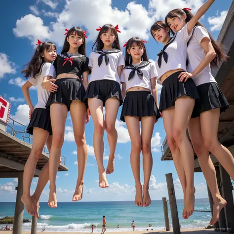 Haunting Live-Action, Extremely Detailed KAWAII JK Diving from Glico Running Man at Doutonbori, Sparkling, LifeLike Rendering, MotionBlur, (XLabs F.1 Realism LoRA V1), White Sailor Uniform with Thongs, Red Ribbon Ponytail hair fluttering in the wind, Profe...