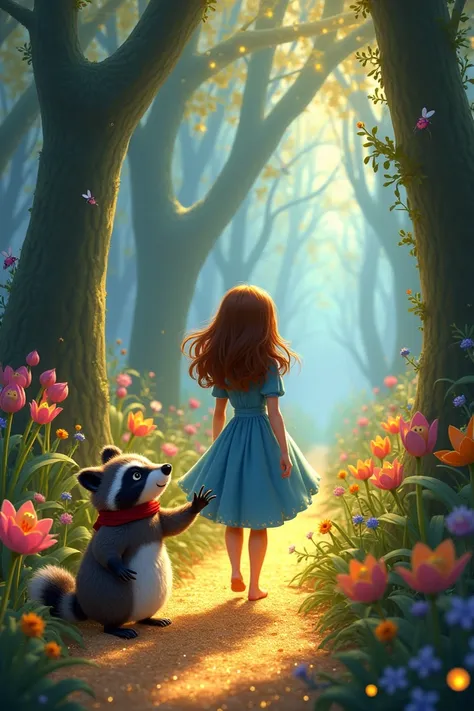 "  a Clara  , About s ,   tie with wavy brown hair about shoulder length ,   wearing a blue dress with small floral details  ,   is entering the Enchanted Forest ,  surrounded by tall trees that shine with golden lights .  Colourful flowers with smiling fa...