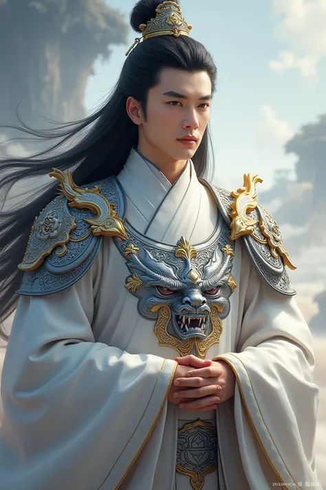 ((best quality)), ((masterpiece)), (detailed), perfect face Photo realistic image of a 30 years old man in a white and gold hanfu. Emperor. Wearing silver dragon armour. Calm regal, majestic, personality, Attractive, long black hair. Looks like Jun Wu from...