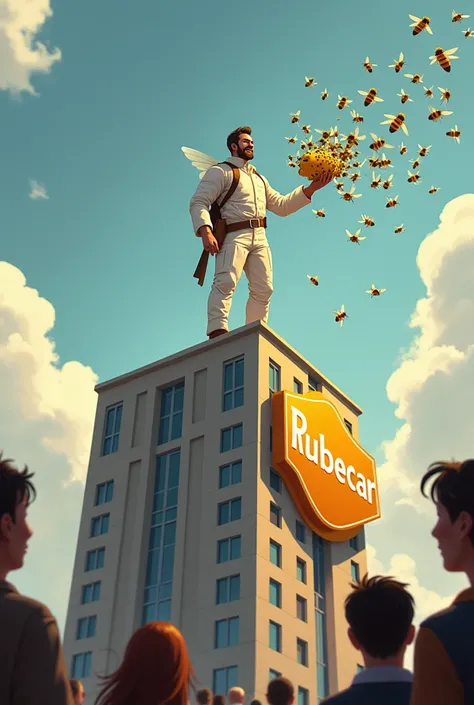  sign A beekeeper on top of a tall building rescuing bees is wearing a white suit without a mask on his face , Without Beard ,This smiling   ,  in the building there is a large sign with the letters in the form of a REUBEECAR  .has. people below the buildi...