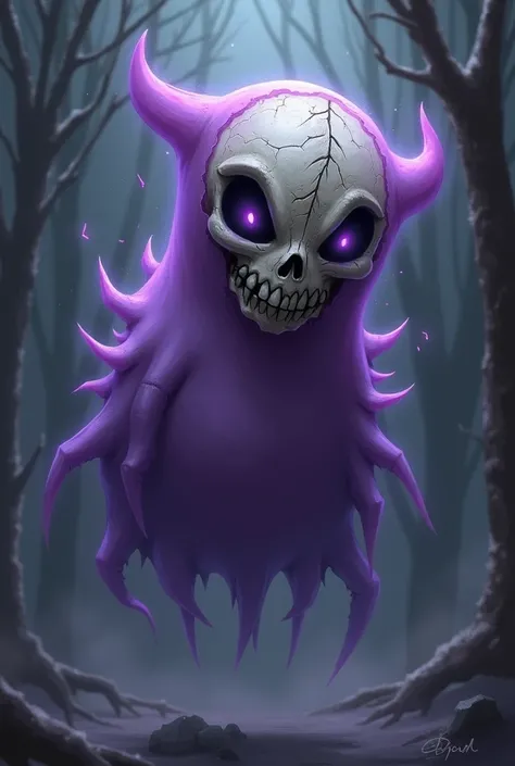 Create a hybrid character combining the ghostly, mischievous form of Gengar with the ominous, skeletal features of a skull. The creature should have Gengar’s round, ghostly purple body, but its face and head should transform into a menacing, hollow skull w...