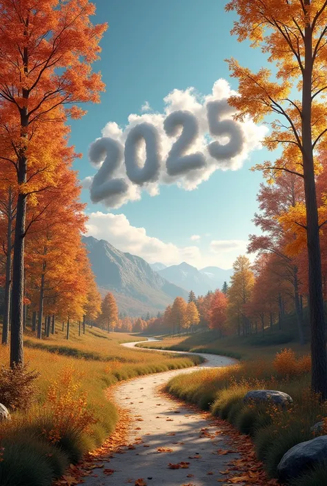 A route surrounded by trees with autumnal leaves and in the middle of the sky the clouds form the year 2025