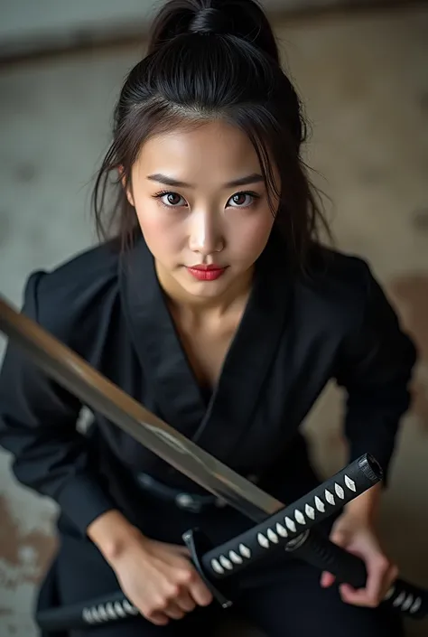 The highest quality ((Professional photo, RAW image)), (Golden Ratio) (Wide Angle) Top view, incredibly realistic, very sweet and beautiful, Very high resolution, Realistic light and shadow (Realistic portrait of a swordsman, wearing a modern ninja costume...